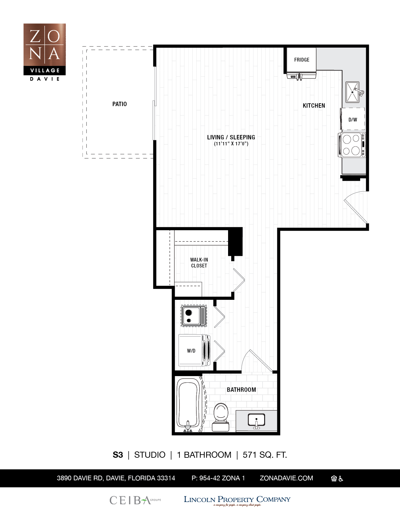 Floor plan for studio, 1 bath, 571 sqft